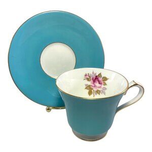 Aynsley Bone China Company Vintage Teacup & Saucer Set Turquoise Gold Trim
